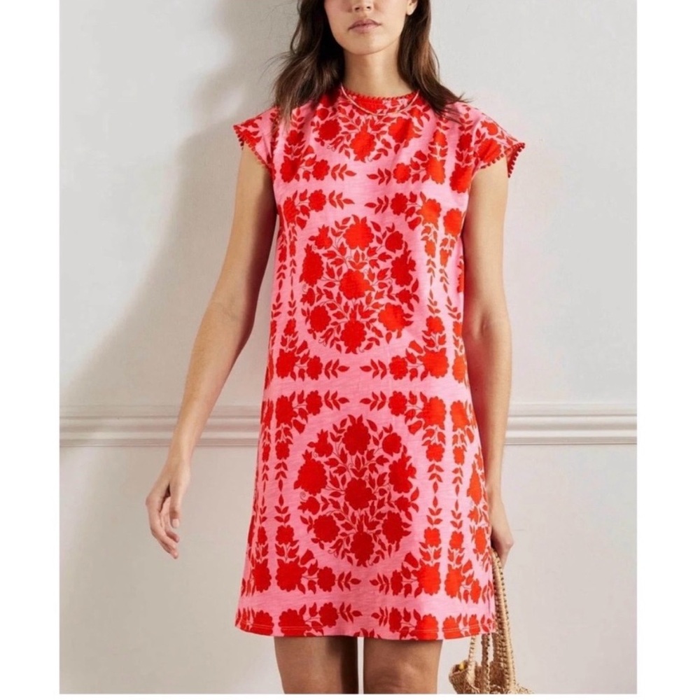 Boden Pink and Red pom Floral Shift Mini Dress